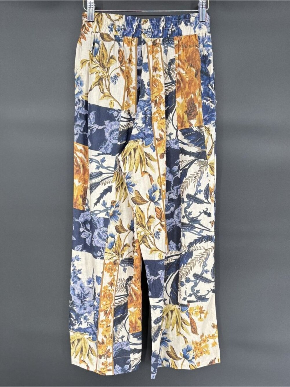 Christian Siriano Women Linen Blend Floral Wide-Leg Pants XS Blue Orange Cropped - Picture 2 of 10